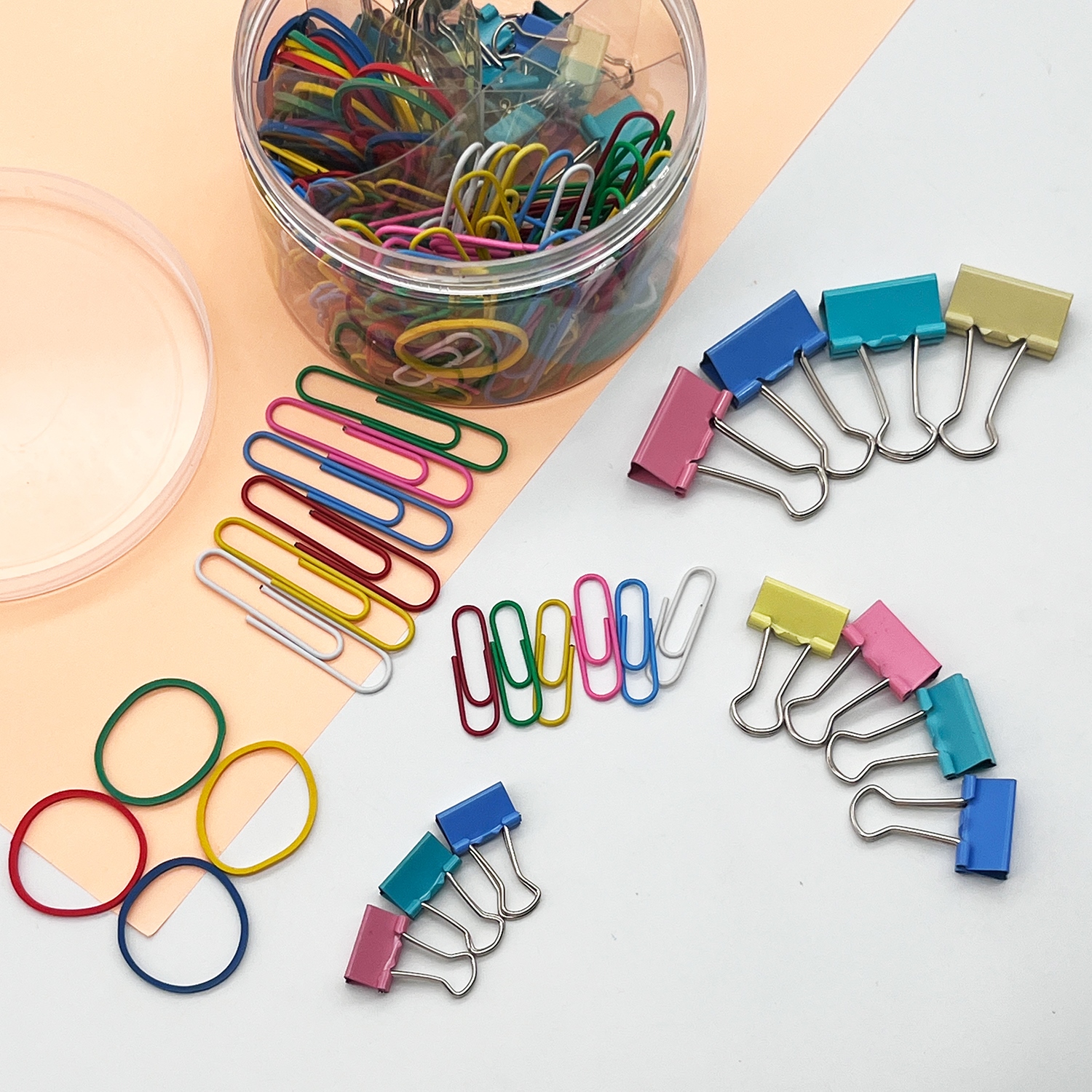 New design custom logo colorful office school supplies mixed size desk binder clip rubber band paper clip decorative set